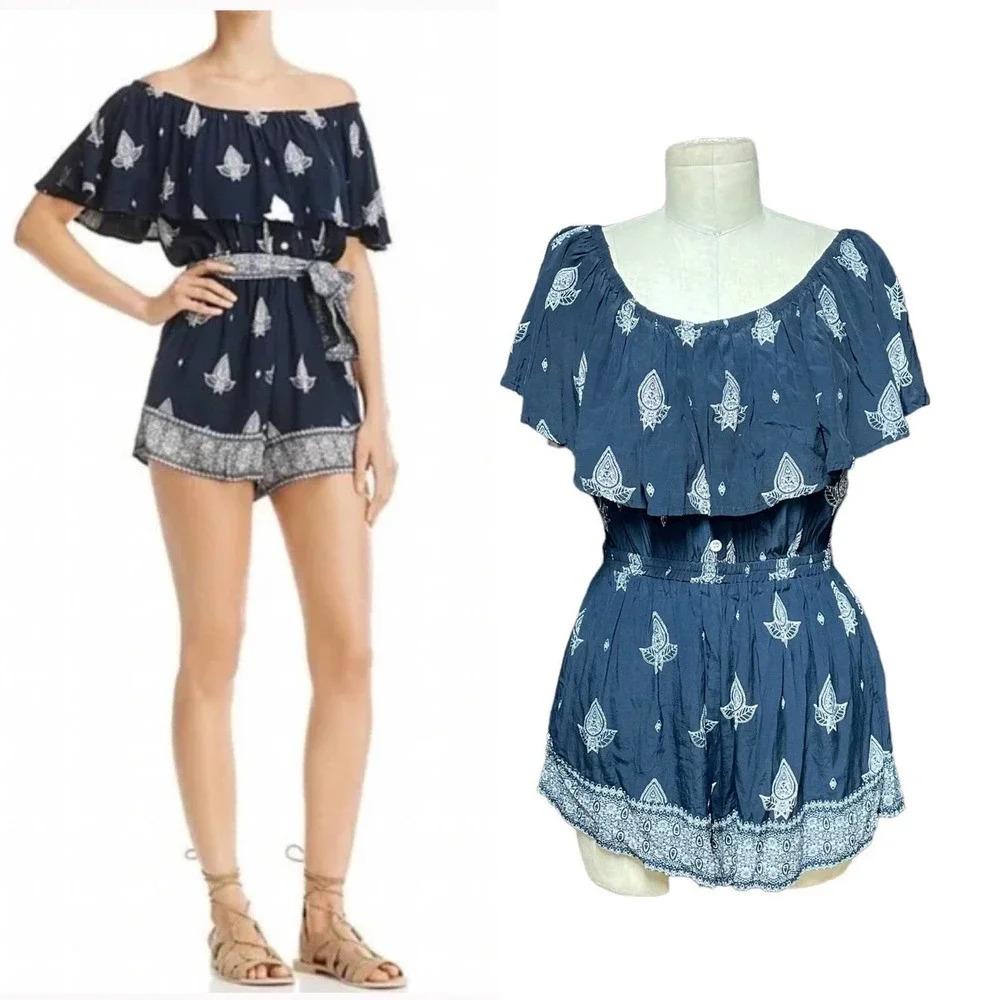 Faithfull The Brand Lane Off The Shoulder Romper Navy Blue Paisley Size US 6